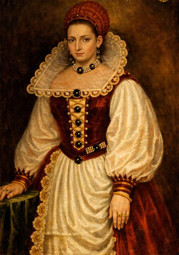 Maľovaný historický portrét Alžbety Báthoryovej v renesančnom odeve, šľachtičná z Čachtického hradu