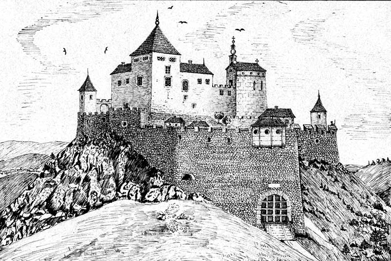 Historická rytina Čachtického hradu na skalnom kopci, dobová kresba stredovekej pevnosti