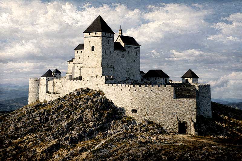 Čachtický hrad na vrchu Malých Karpát, kamenná zrúcanina s hradbami a vežami, dramatický panoramatický pohľad