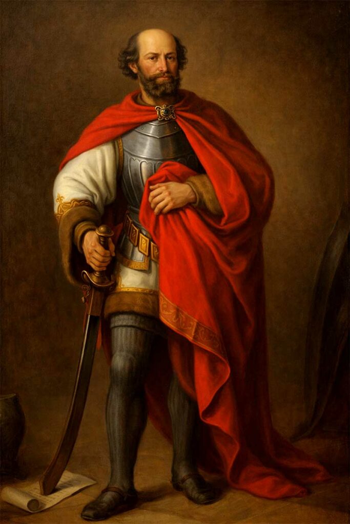 Maľovaný portrét stredovekého šľachtica a vojvodcu Matúša Čáka Trenčianskeho v brnení s mečom a červeným plášťom