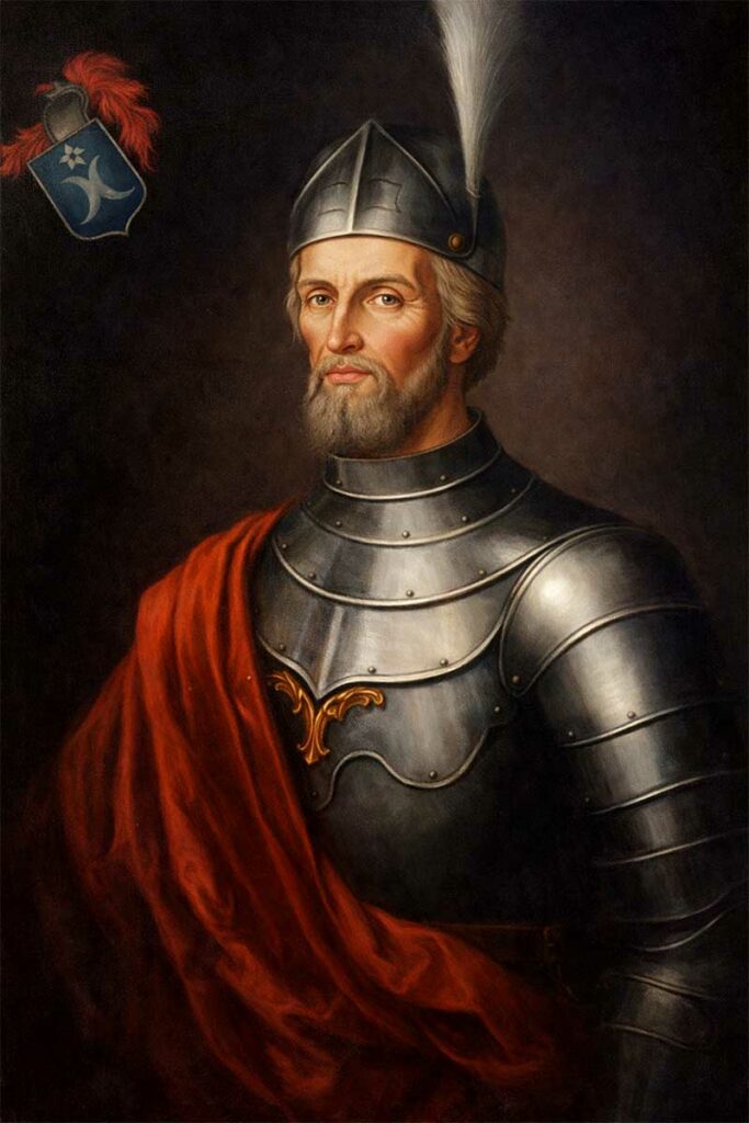 Historický portrét rytiera Stibora zo Stiboríc v zbroji s helmou a erbom, detail maľby uhorského veliteľa