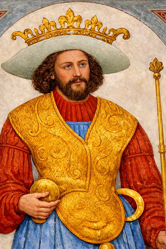 „Stredoveký kráľ s korunou, žezlom a zlatým plášťom – detailná freska panovníka v historickom štýle“