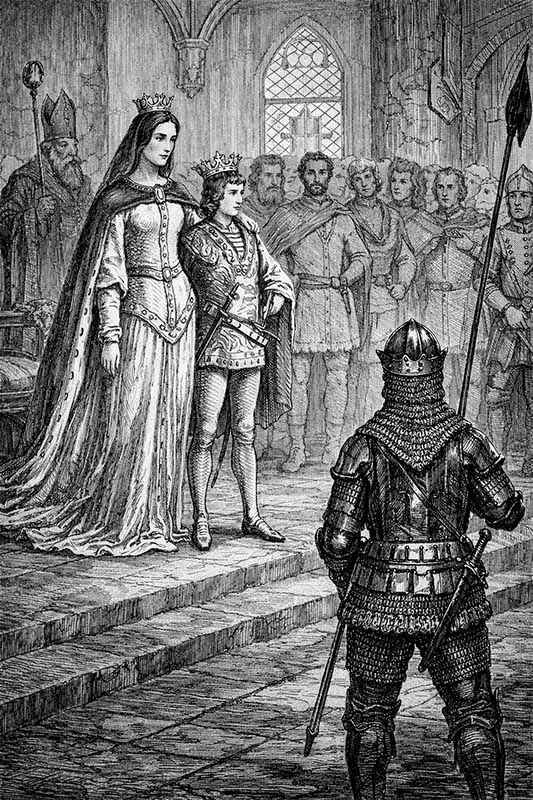 „Stredoveká korunovačná scéna v kráľovskej sieni – kráľovná, mladý kráľ a rytier pred dvorom“