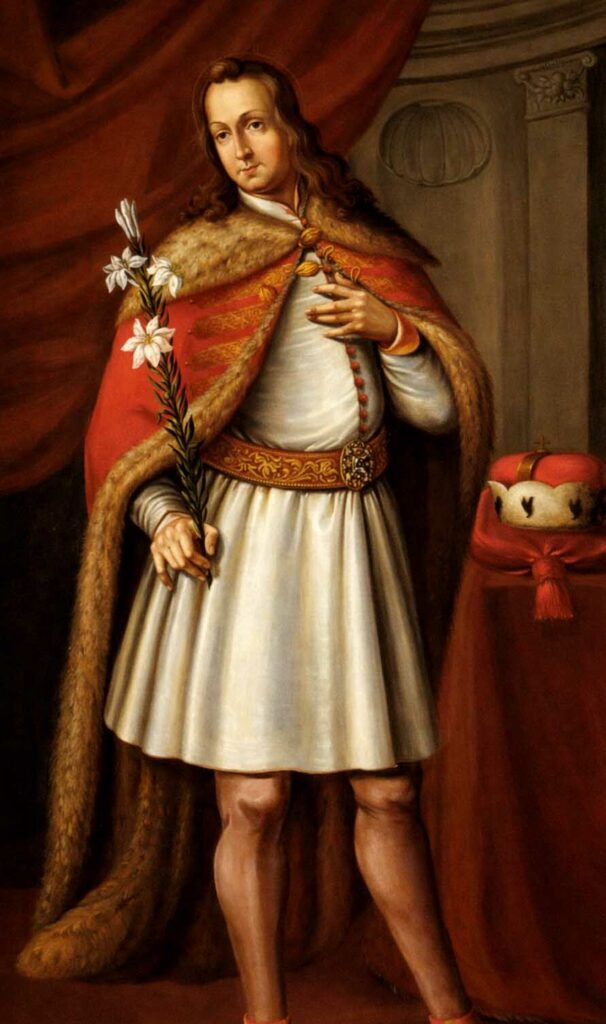 Maľovaný portrét uhorského šľachtica v historickom odeve s plášťom a korunou, barokový obraz panovníka v plnej postave, umelecké dielo z dejín Uhorska