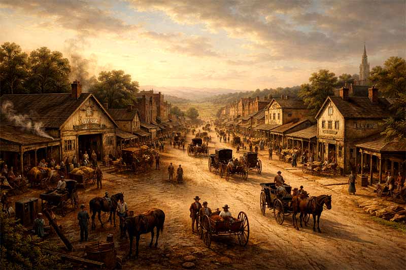 Times Square v 19. storočí ako pokojná oblasť s konskými povozmi a nízkou zástavbou