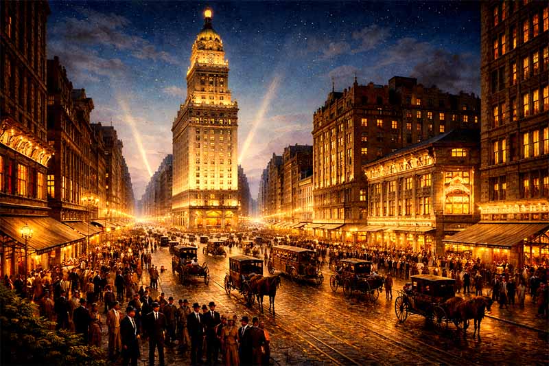 Times Square v roku 1904 po premenovaní s Times Tower a prvým elektrickým osvetlením