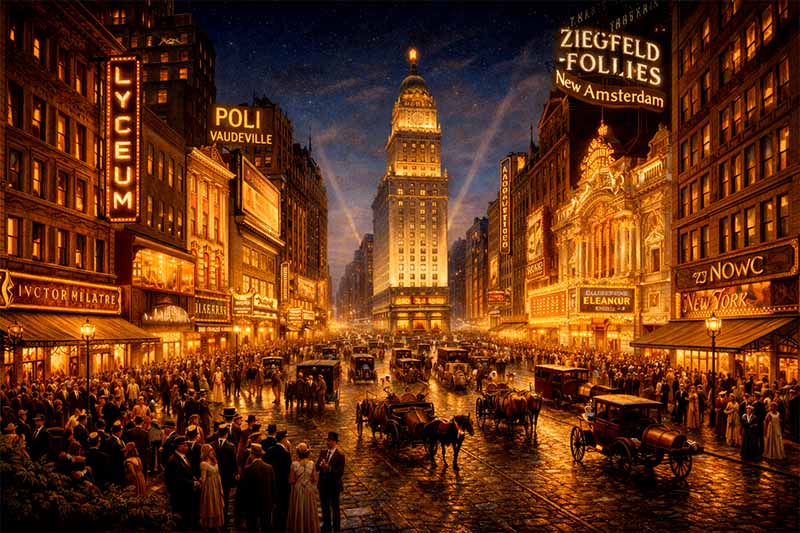 Times Square počas zlatého veku Broadway s divadlami a večerným mestským ruchom