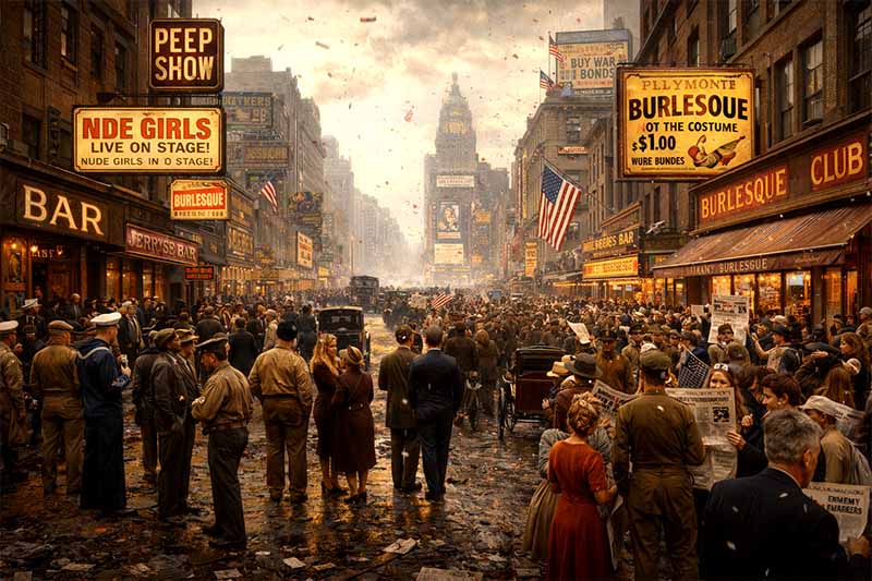 Times Square v 30. a 40. rokoch s davmi ľudí a atmosférou vojnového obdobia
