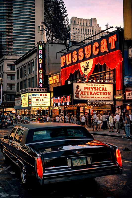 Times Square v 70. rokoch s neónmi, pornokinami a nočným pouličným životom